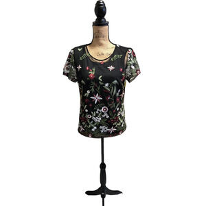 Christopher & Banks black short sleeve embroidered floral top, size small
